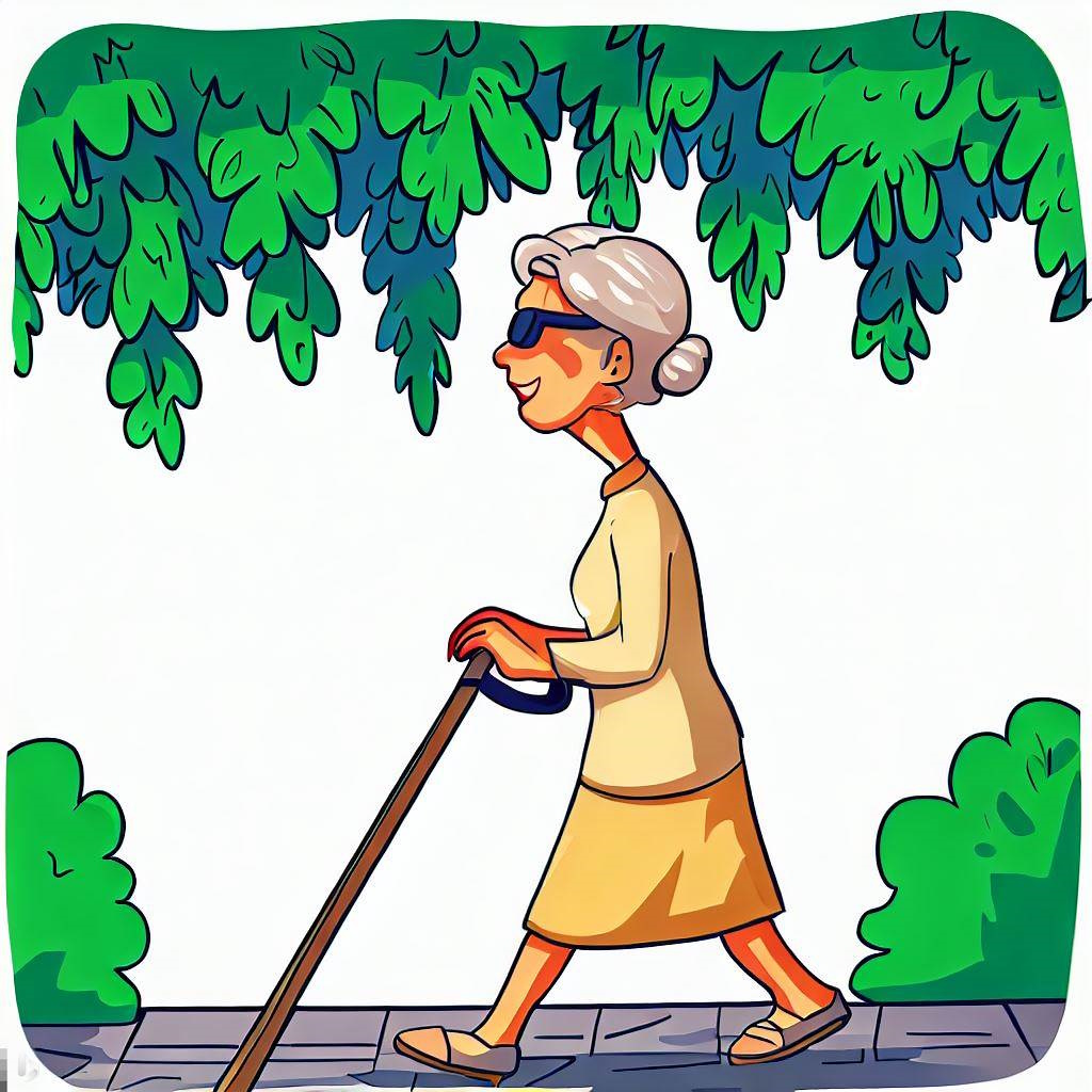 cartoon of blind woman walking towards a low tree branch